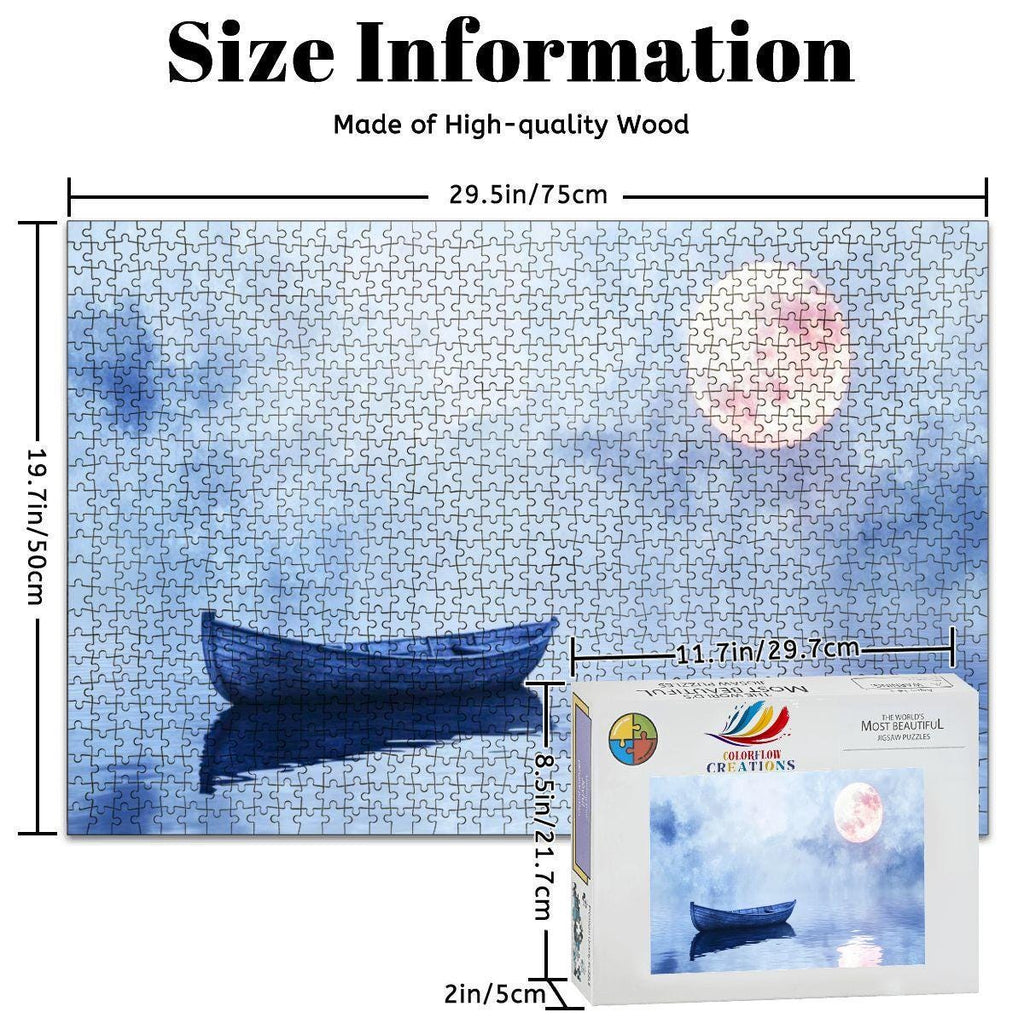 1000-piece wooden jigsaw puzzle displaying a serene silent night boat on a pastel moonlight lake — view 4