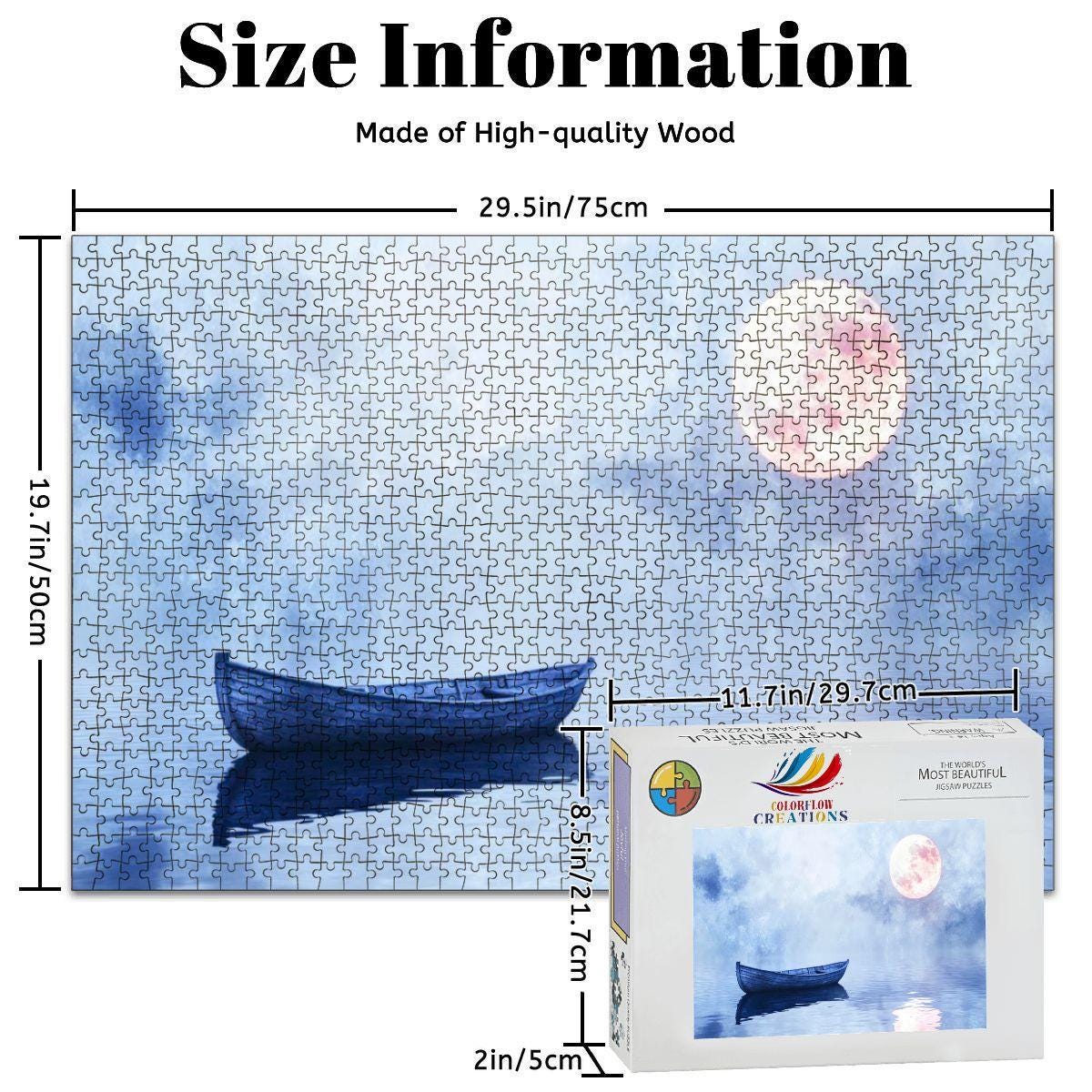 1000-piece wooden jigsaw puzzle displaying a serene silent night boat on a pastel moonlight lake — view 4