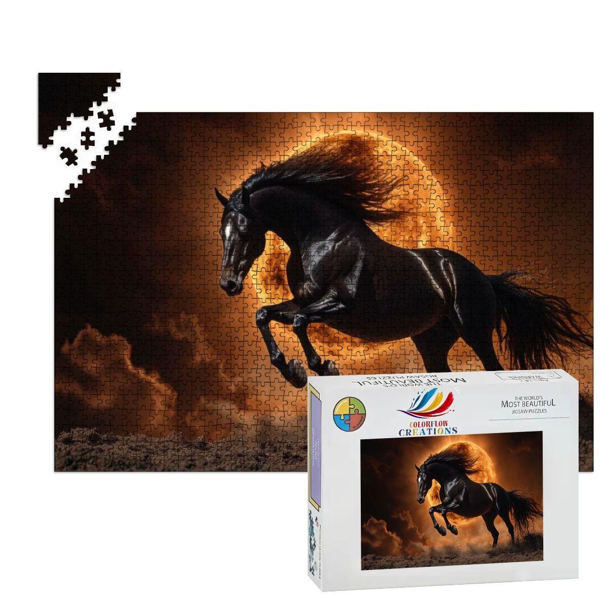 Wooden 1000-piece jigsaw puzzle featuring a black stallion silhouetted against a fiery orange solar eclipse