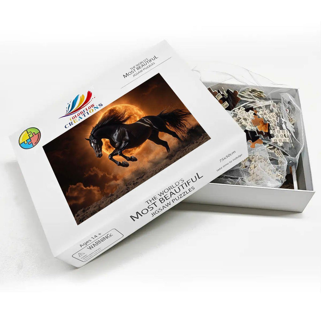 Wooden 1000-piece jigsaw puzzle featuring a black stallion silhouetted against a fiery orange solar eclipse — view 3