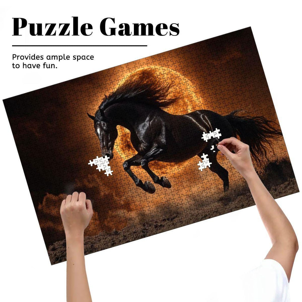 Wooden 1000-piece jigsaw puzzle featuring a black stallion silhouetted against a fiery orange solar eclipse — view 5