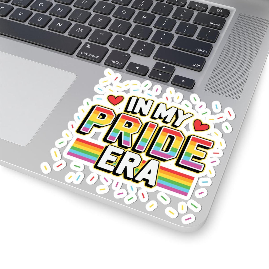 In My Pride Era rainbow vinyl sticker with colorful text, hearts, and celebratory confetti accents — view 4