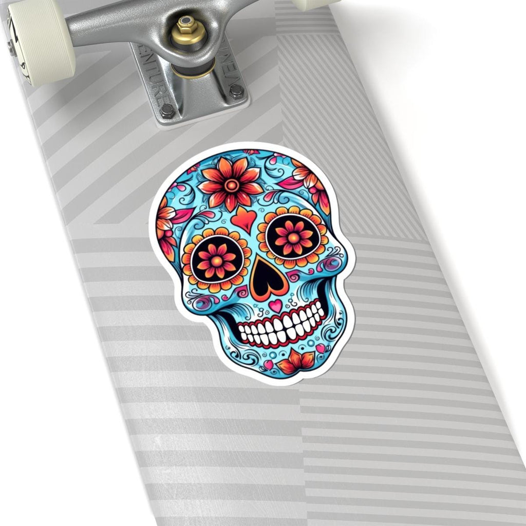 Colorful floral sugar skull vinyl sticker with heart eyes in vibrant turquoise and pink — view 2