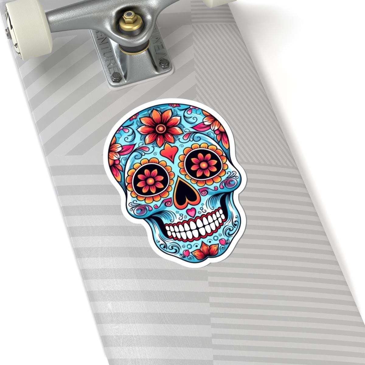 Colorful floral sugar skull vinyl sticker with heart eyes in vibrant turquoise and pink — view 2