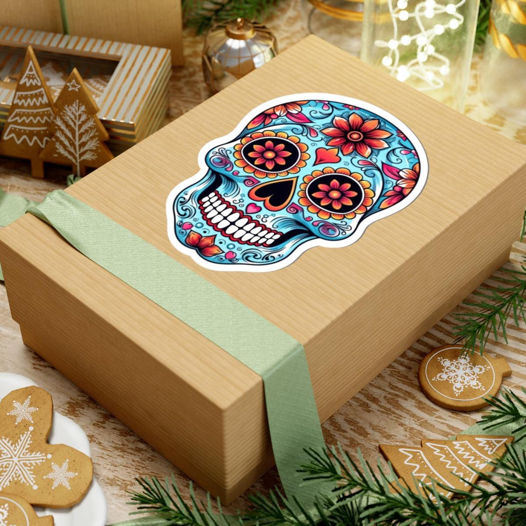 Colorful floral sugar skull vinyl sticker with heart eyes in vibrant turquoise and pink — view 4