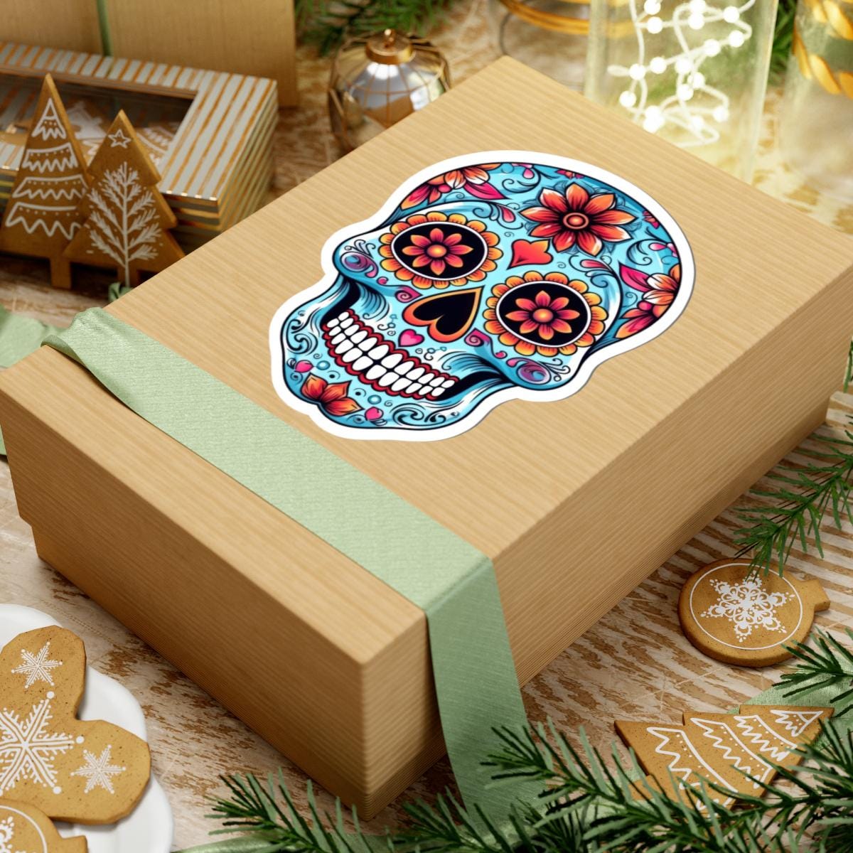 Colorful floral sugar skull vinyl sticker with heart eyes in vibrant turquoise and pink — view 4