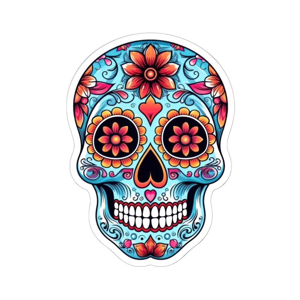 Colorful floral sugar skull vinyl sticker with heart eyes in vibrant turquoise and pink — view 5