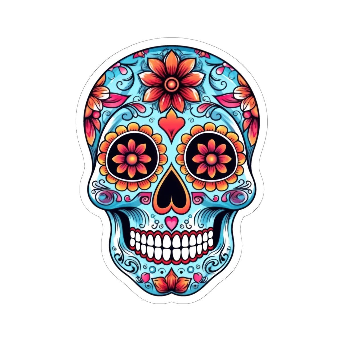 Colorful floral sugar skull vinyl sticker with heart eyes in vibrant turquoise and pink — view 5