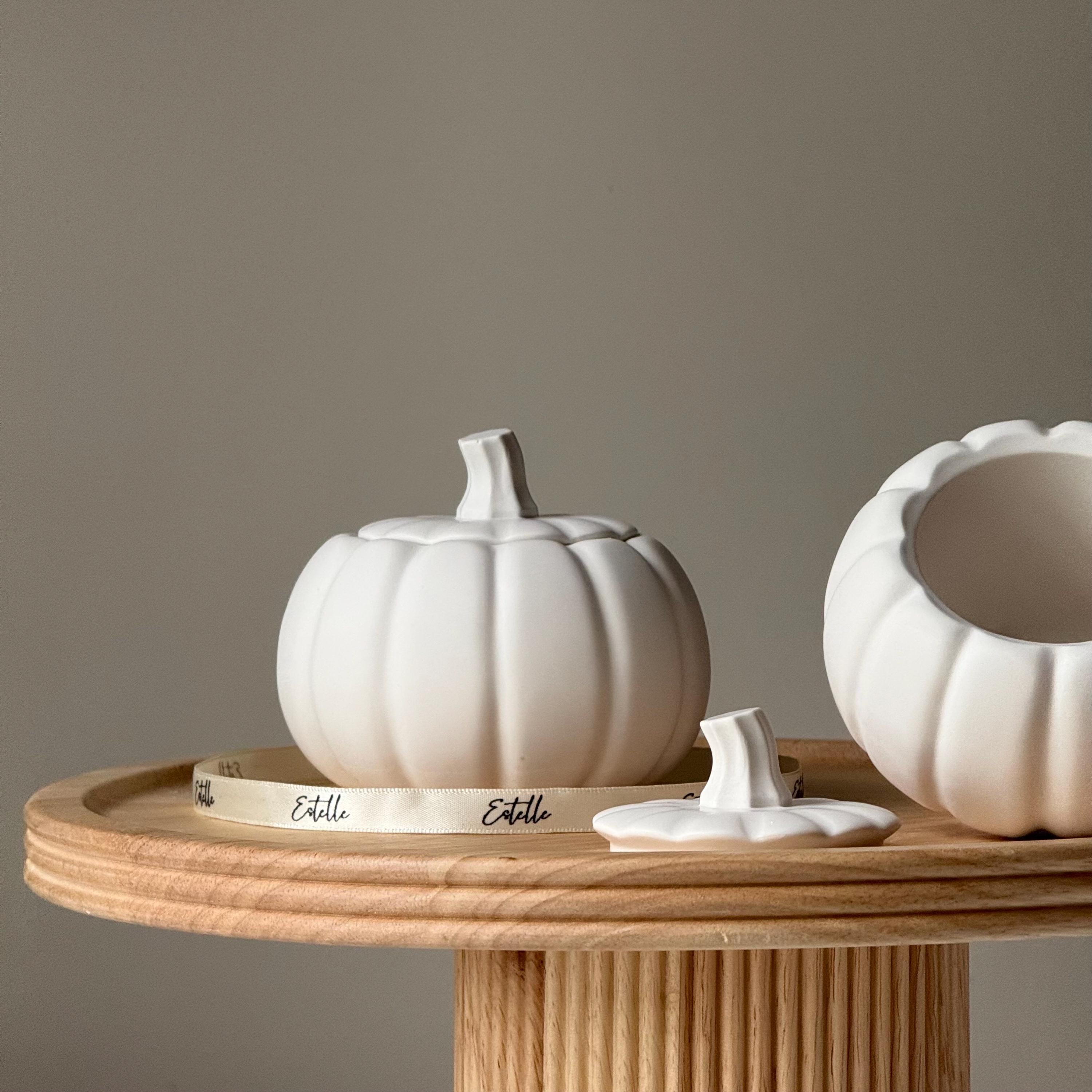 Handmade Jesmonite stone pumpkin jar with lid for aesthetic autumn home decor and small storage — view 2