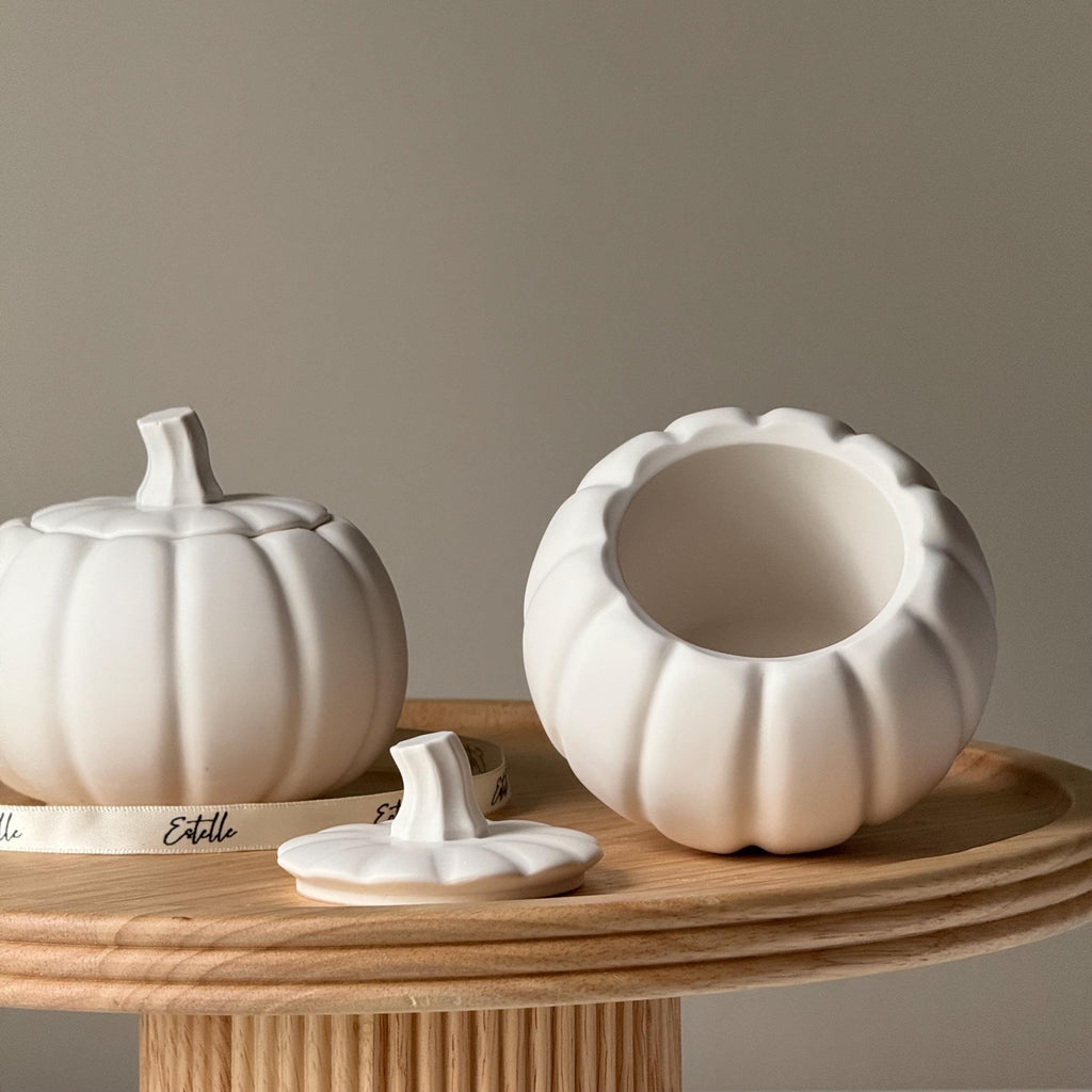 Handmade Jesmonite stone pumpkin jar with lid for aesthetic autumn home decor and small storage — view 3
