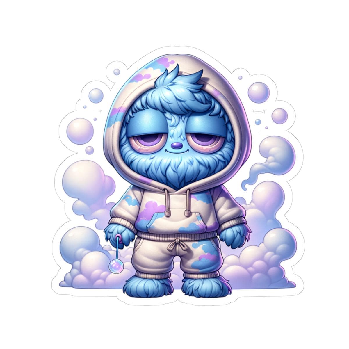 Glossy pastel vinyl sticker of a fluffy blue monster in a cloud hoodie holding an orb