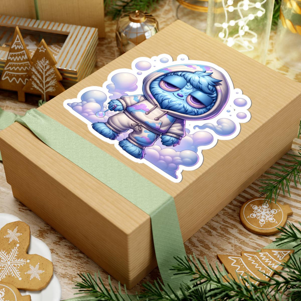 Glossy pastel vinyl sticker of a fluffy blue monster in a cloud hoodie holding an orb — view 4