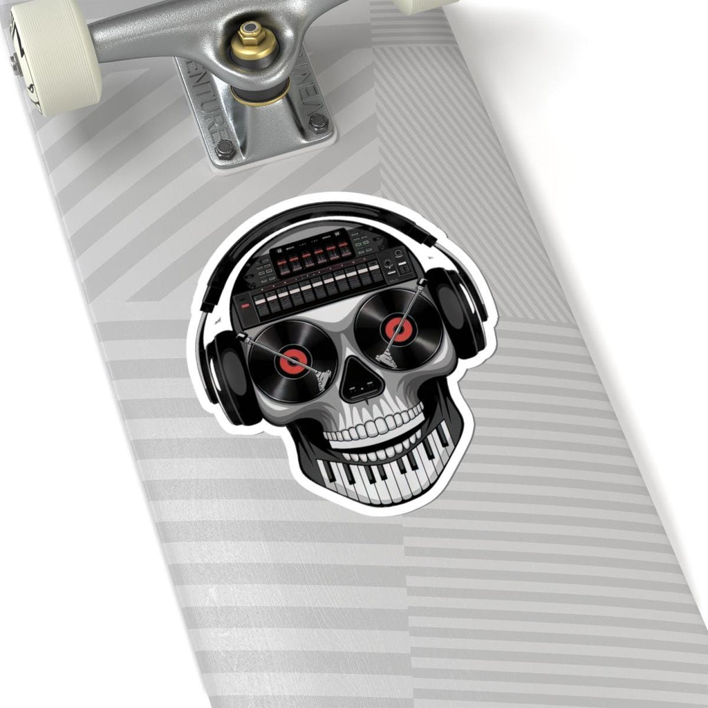 DJ skull sticker in glossy vinyl featuring turntable eyes and a sound mixer brain design — view 2