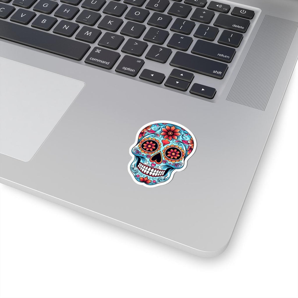 Colorful floral sugar skull vinyl sticker with heart eyes in vibrant turquoise and pink — view 3
