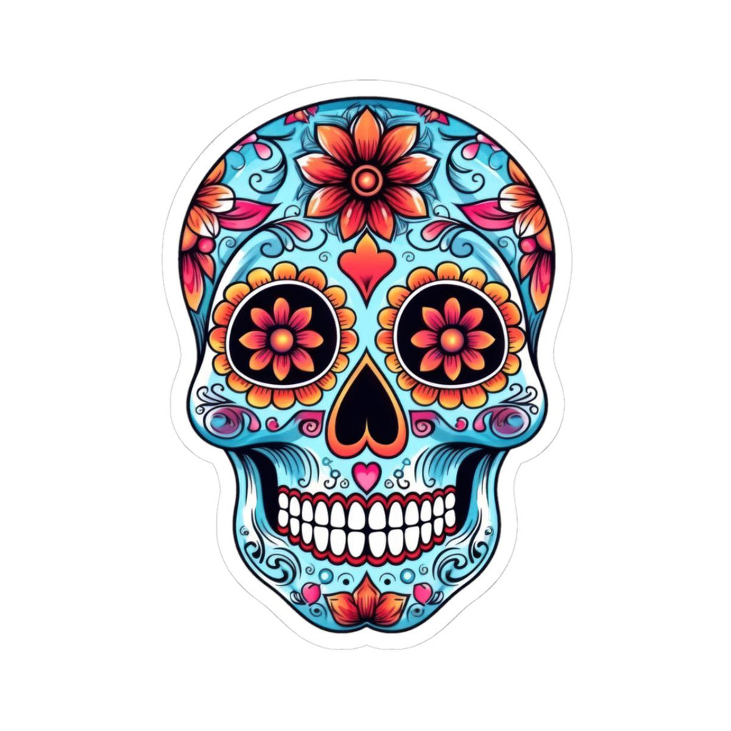 Colorful floral sugar skull vinyl sticker with heart eyes in vibrant turquoise and pink