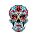 Colorful floral sugar skull vinyl sticker with heart eyes in vibrant turquoise and pink