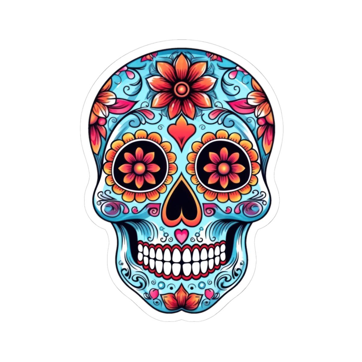 Colorful floral sugar skull vinyl sticker with heart eyes in vibrant turquoise and pink