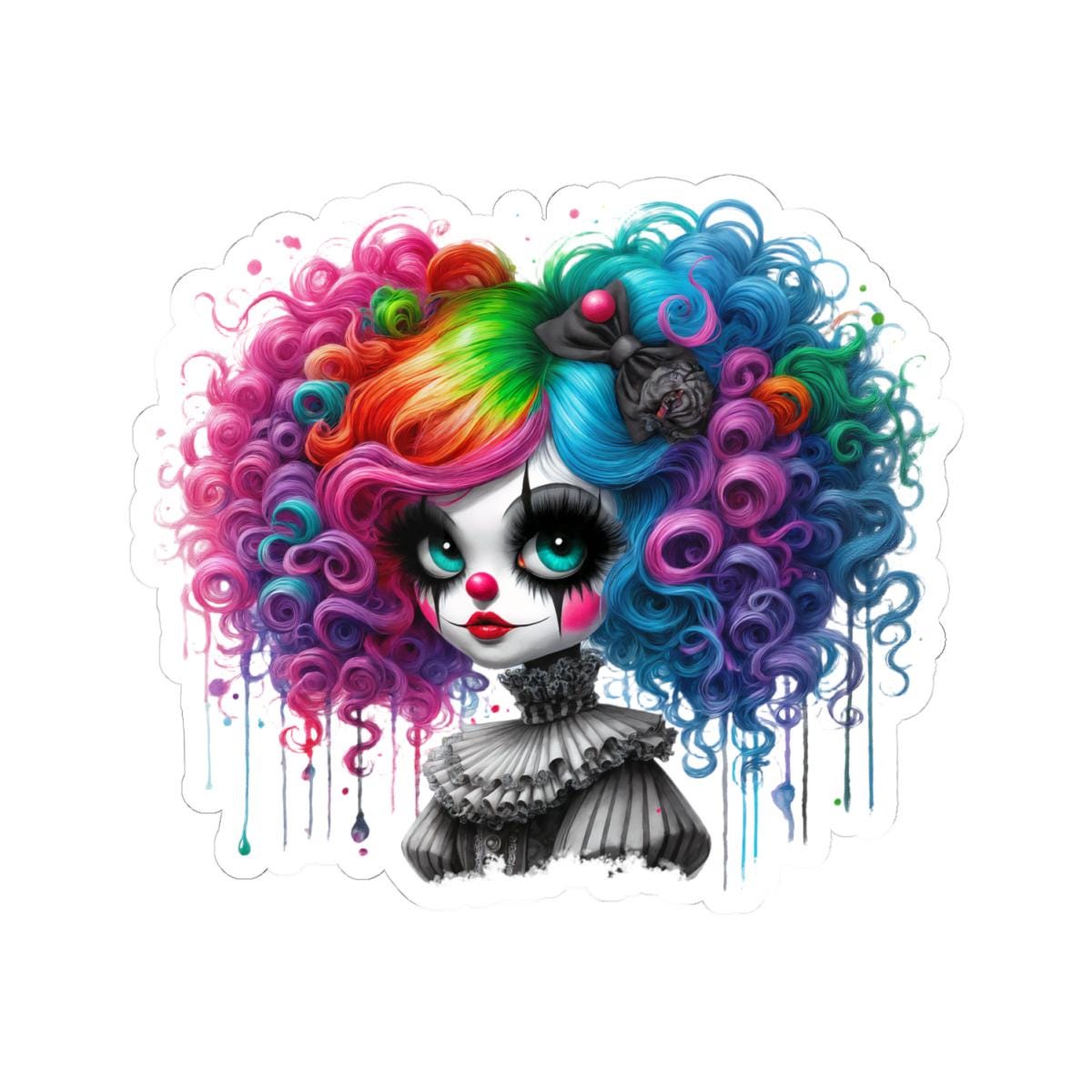 Rainbow gothic clown girl vinyl sticker with black and white ruffles and vibrant colorful hair — view 4