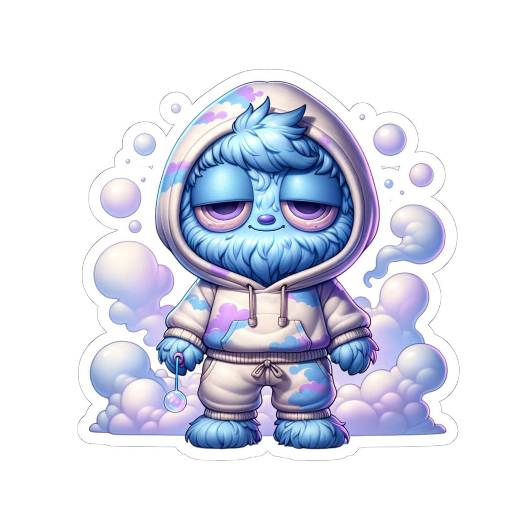 Glossy pastel vinyl sticker of a fluffy blue monster in a cloud hoodie holding an orb — view 5