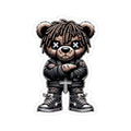 Gothic streetwear dreadlock bear vinyl sticker with leather jacket and cross pendant