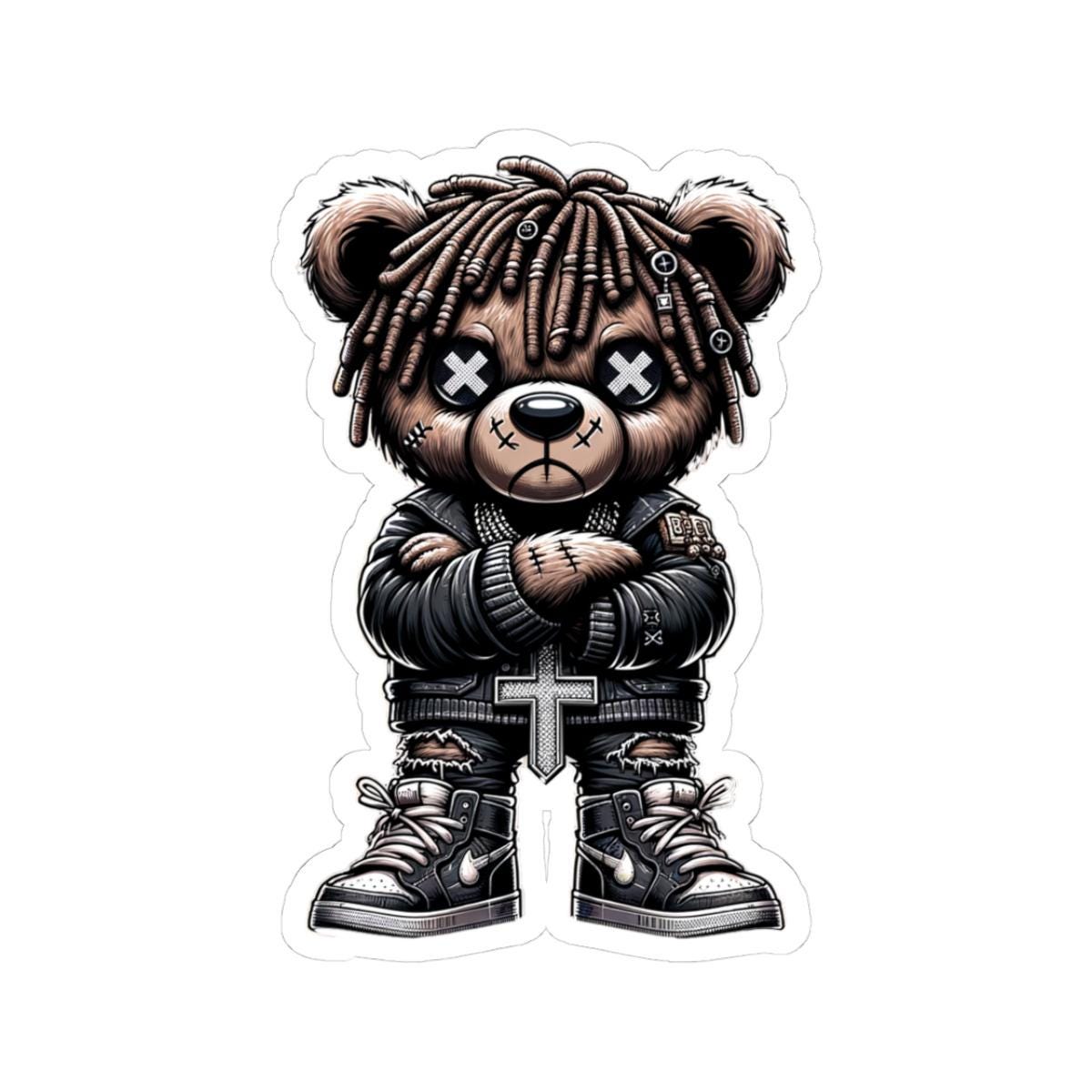Gothic streetwear dreadlock bear vinyl sticker with leather jacket and cross pendant