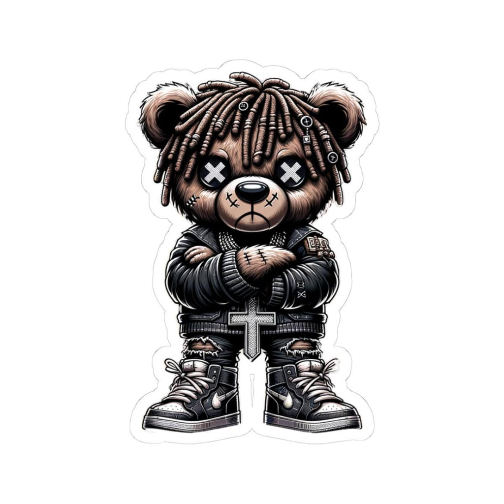 Dreadlock bear vinyl sticker featuring gothic streetwear style sneakers and leather jacket