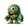 Green cyclops monster vinyl sticker with bold fangs and wild fur for laptop customization