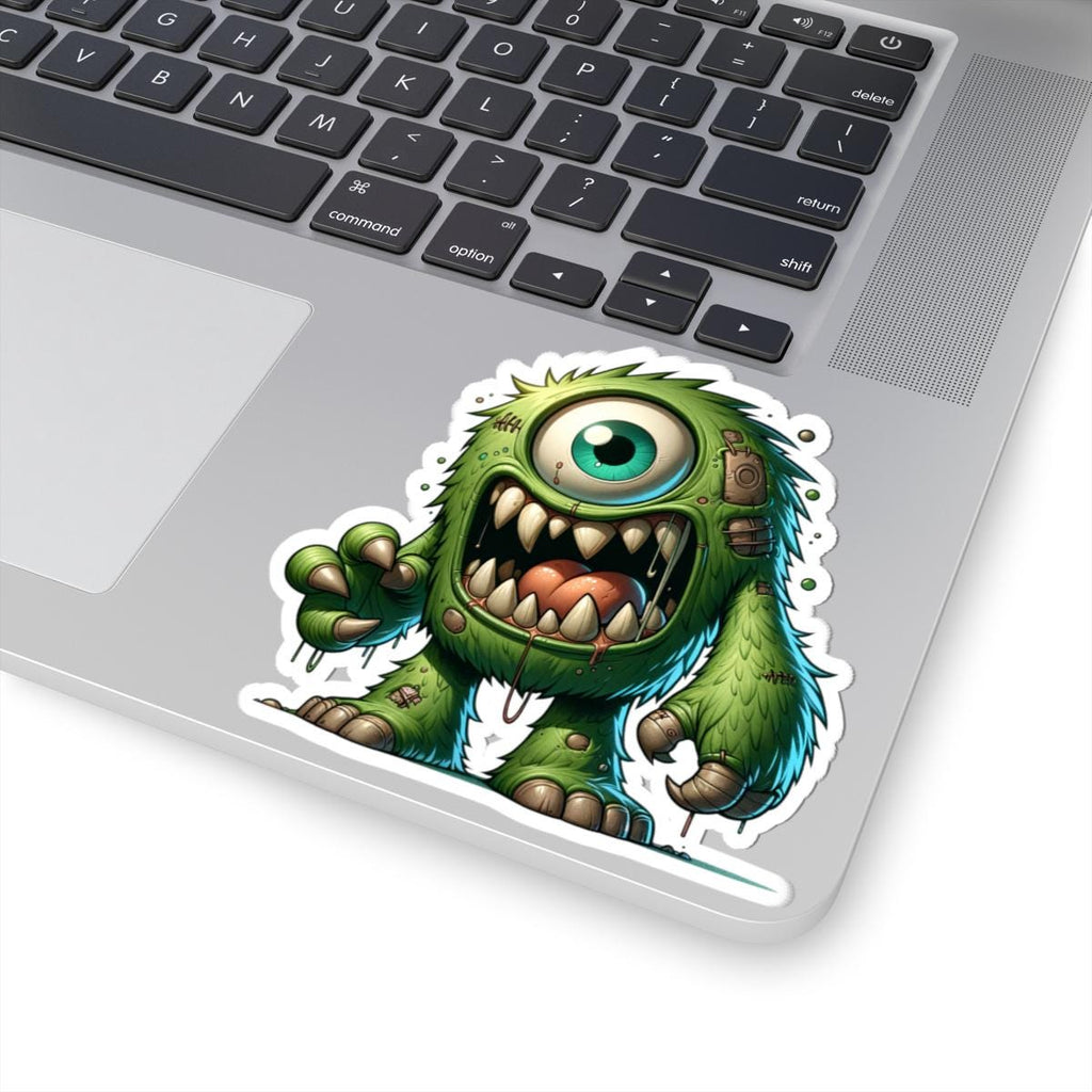 Green cyclops monster vinyl sticker with bold fangs and wild fur for laptop customization — view 5