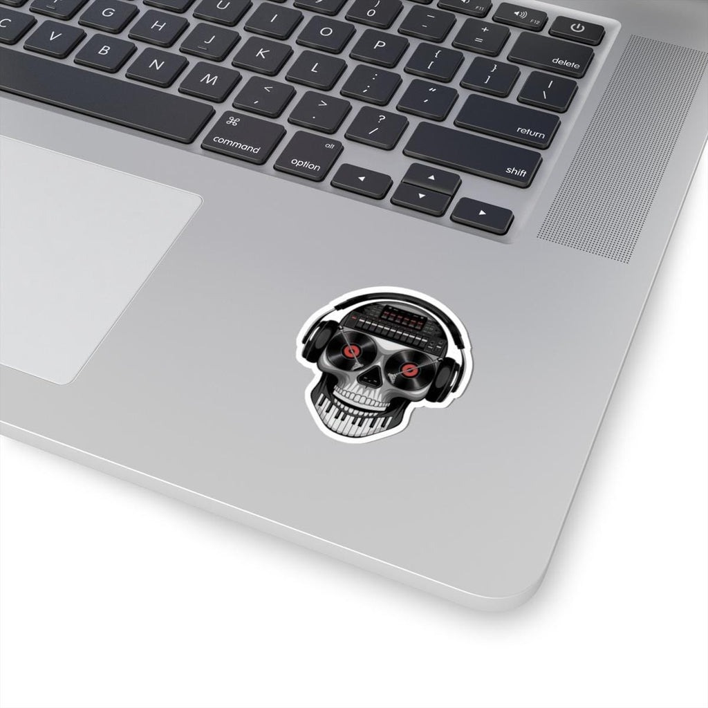 DJ skull sticker in glossy vinyl featuring turntable eyes and a sound mixer brain design — view 3