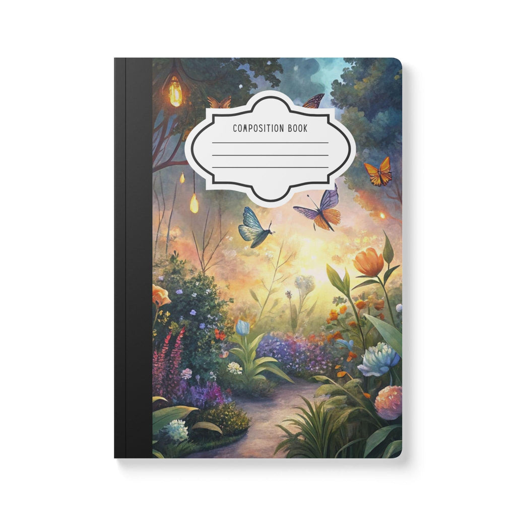 Enchanted butterfly composition notebook with a vibrant floral and magical garden patterned soft touch cover