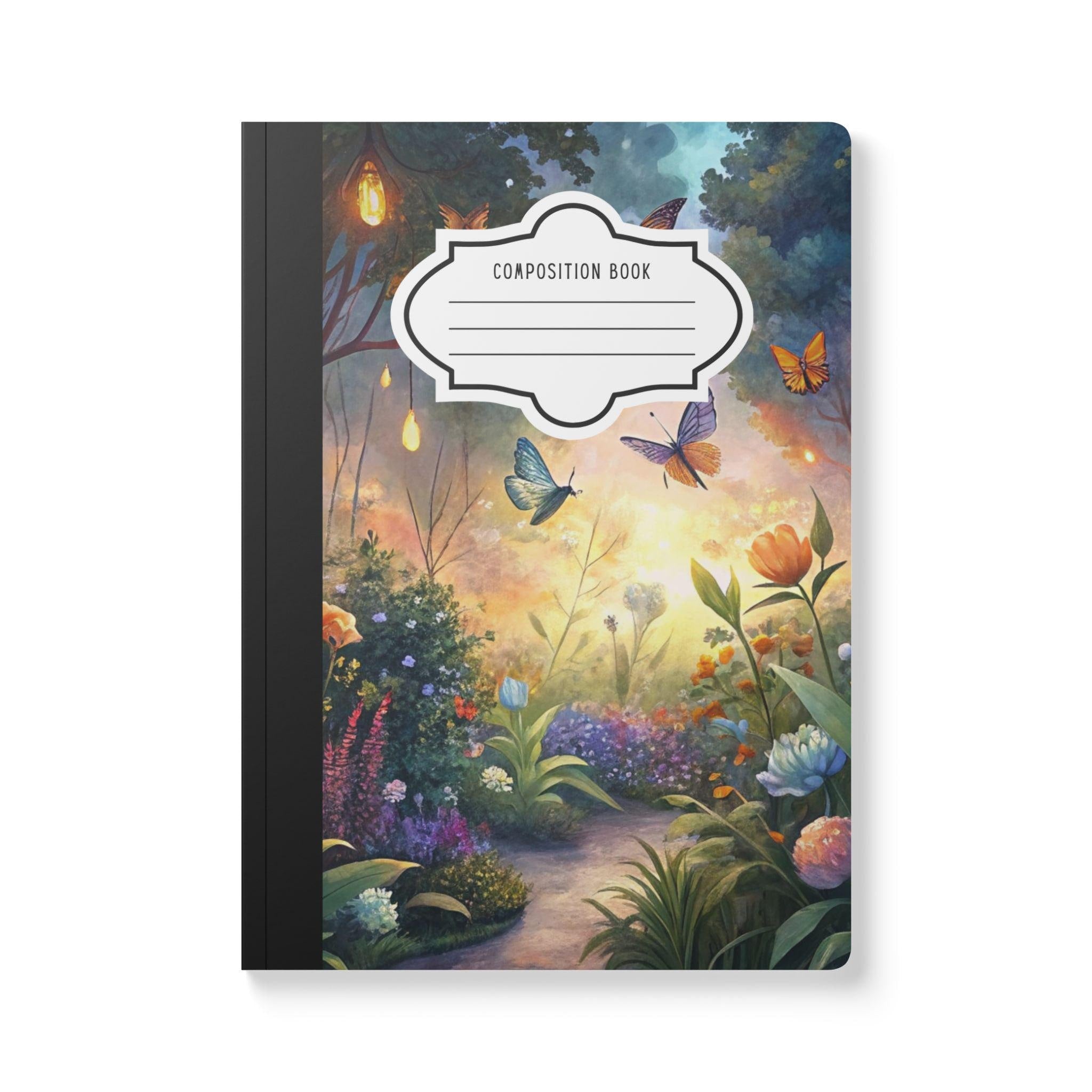 Enchanted butterfly composition notebook with a vibrant floral and magical garden patterned soft touch cover