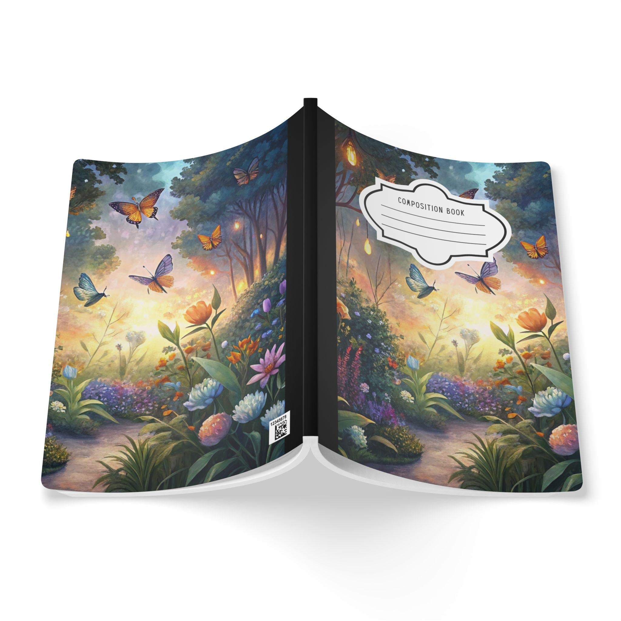 Enchanted butterfly composition notebook with a vibrant floral and magical garden patterned soft touch cover — view 2