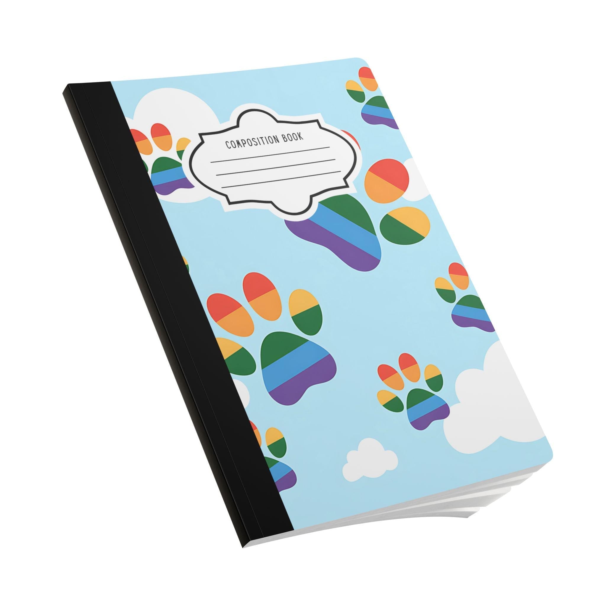 Rainbow paw print composition notebook with soft touch cover and vibrant cloud art pattern — view 3