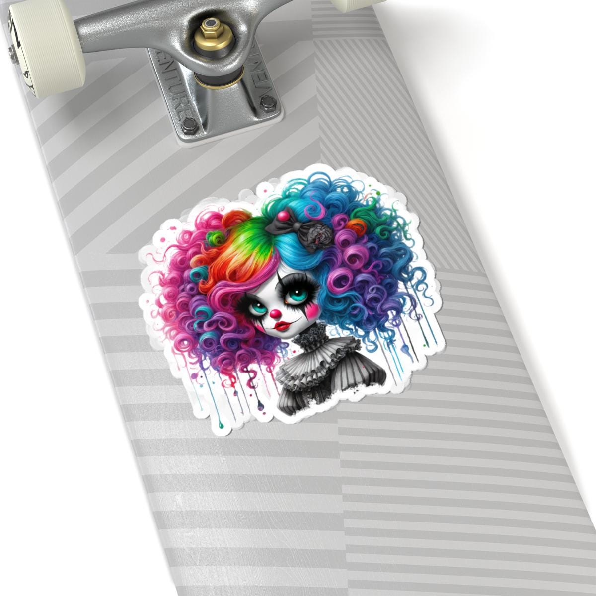 Rainbow gothic clown girl vinyl sticker with vibrant curls and creepy cute circuscore aesthetic design. — view 2