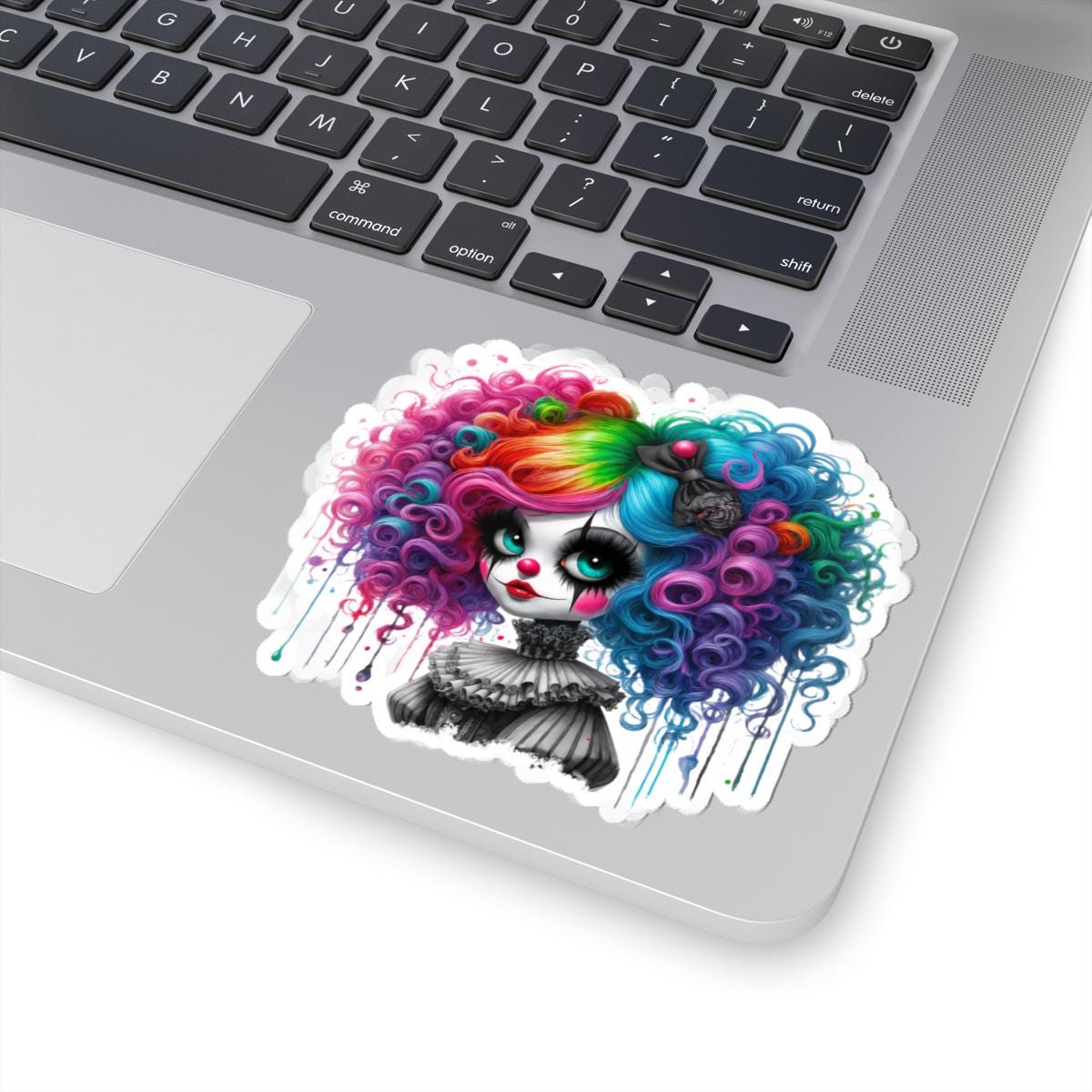 Rainbow gothic clown girl vinyl sticker with vibrant curls and creepy cute circuscore aesthetic design. — view 5