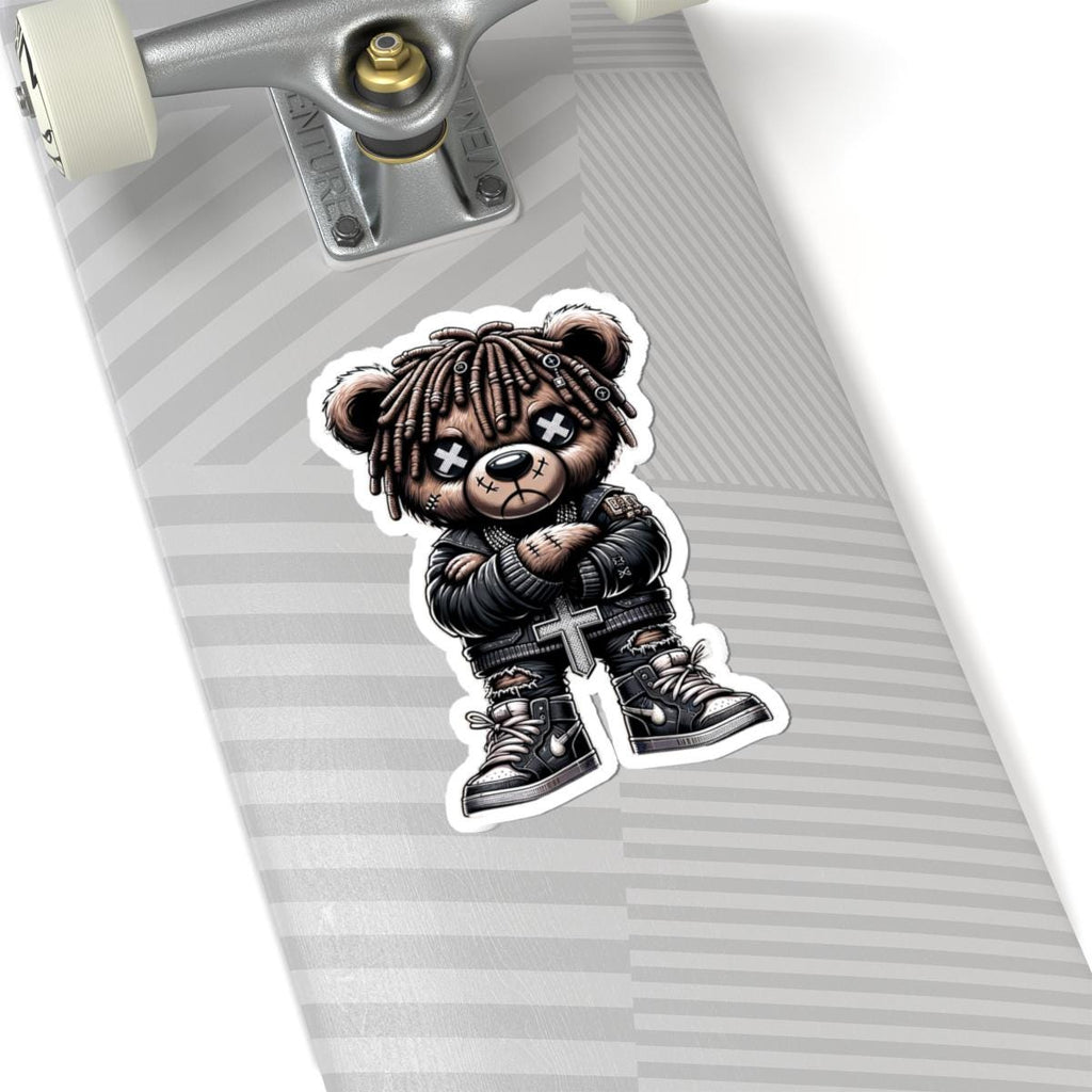 Gothic streetwear dreadlock bear vinyl sticker with leather jacket and cross pendant — view 2