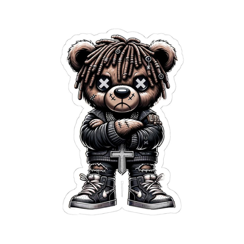 Gothic streetwear dreadlock bear vinyl sticker with leather jacket and cross pendant — view 4