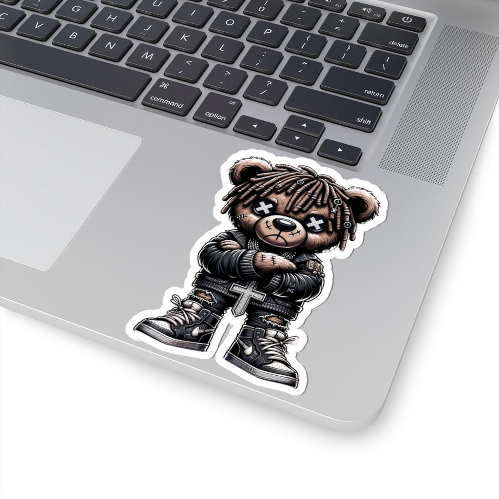 Gothic streetwear dreadlock bear vinyl sticker with leather jacket and cross pendant — view 5