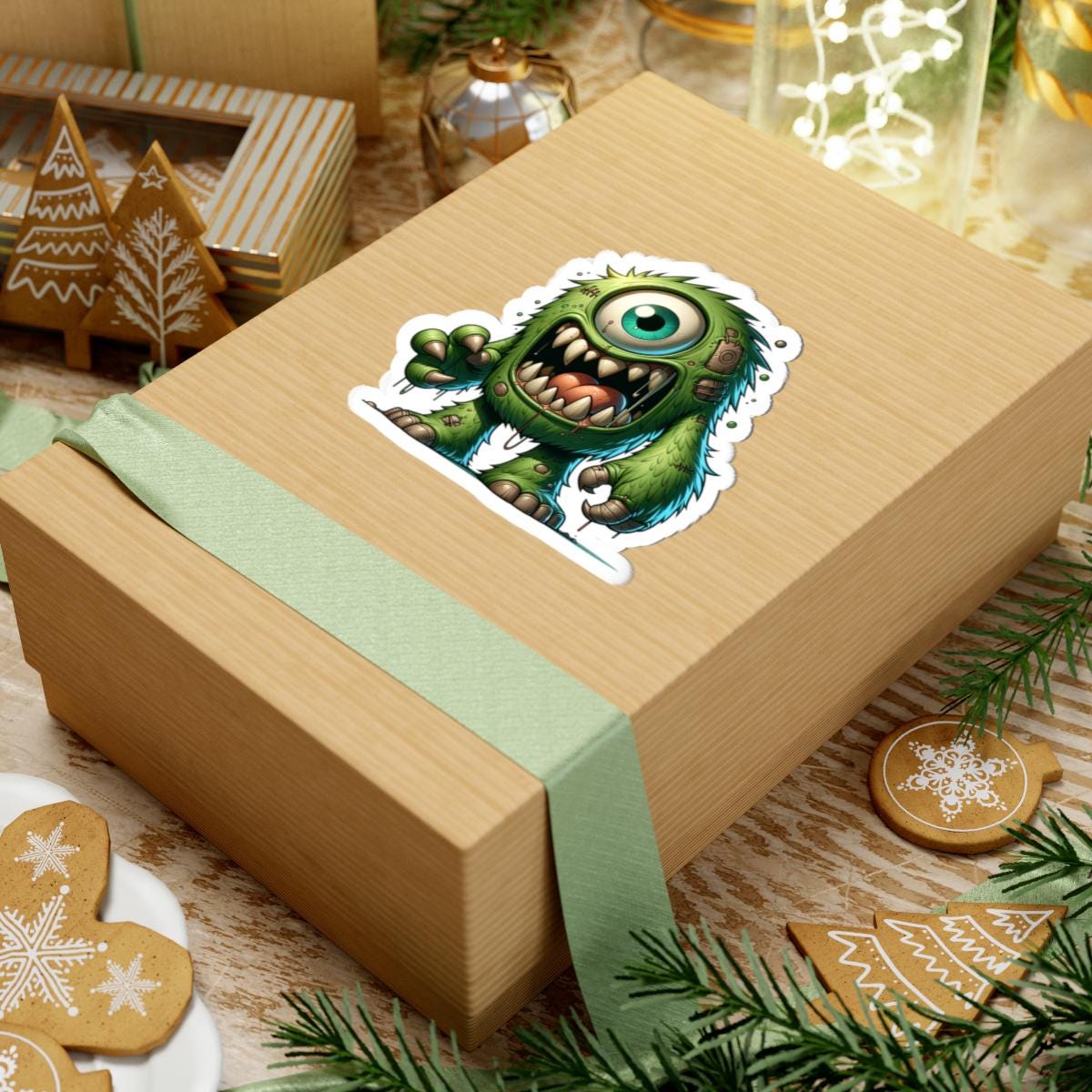 Green cyclops monster vinyl sticker with bold fangs and wild fur for laptop customization — view 3