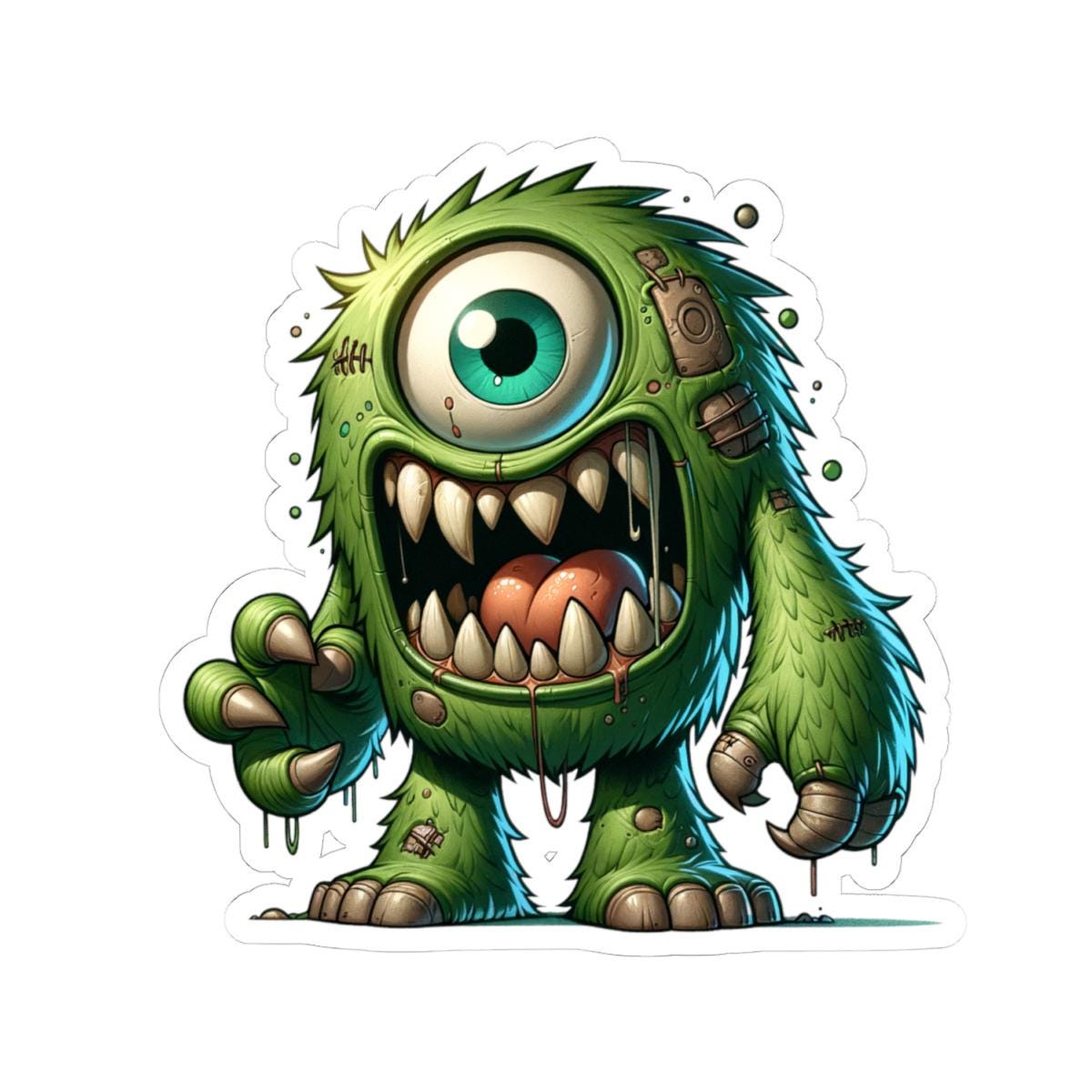 Green cyclops monster vinyl sticker with bold fangs and wild fur for laptop customization — view 4