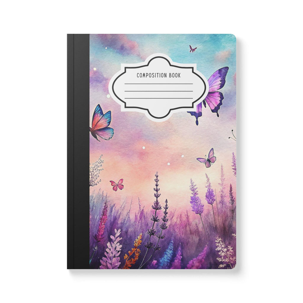 Twilight butterfly composition notebook with vivid floral patterns and premium soft-touch cover.