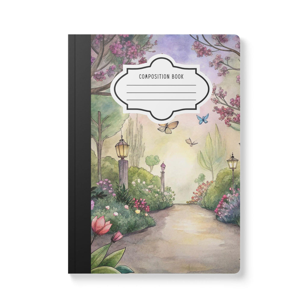 Garden butterfly composition notebook featuring a vibrant floral pattern and a premium soft touch cover