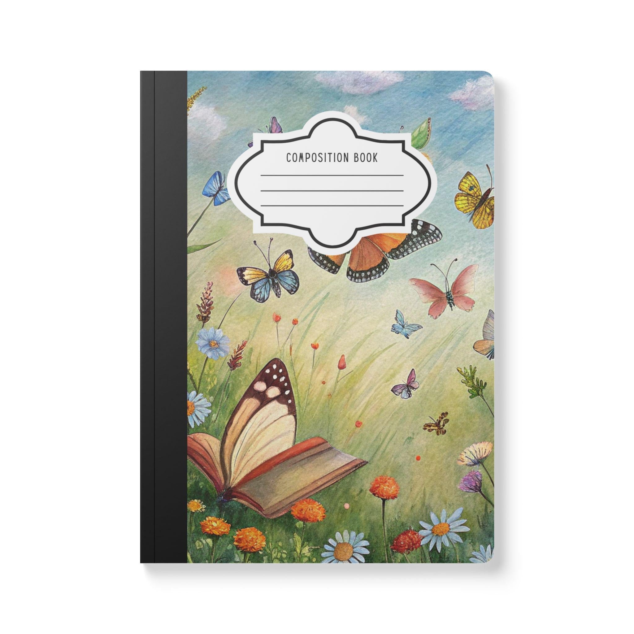 ColorFlow butterfly composition notebook with aesthetic vibrant floral cover and premium college-ruled paper pages.