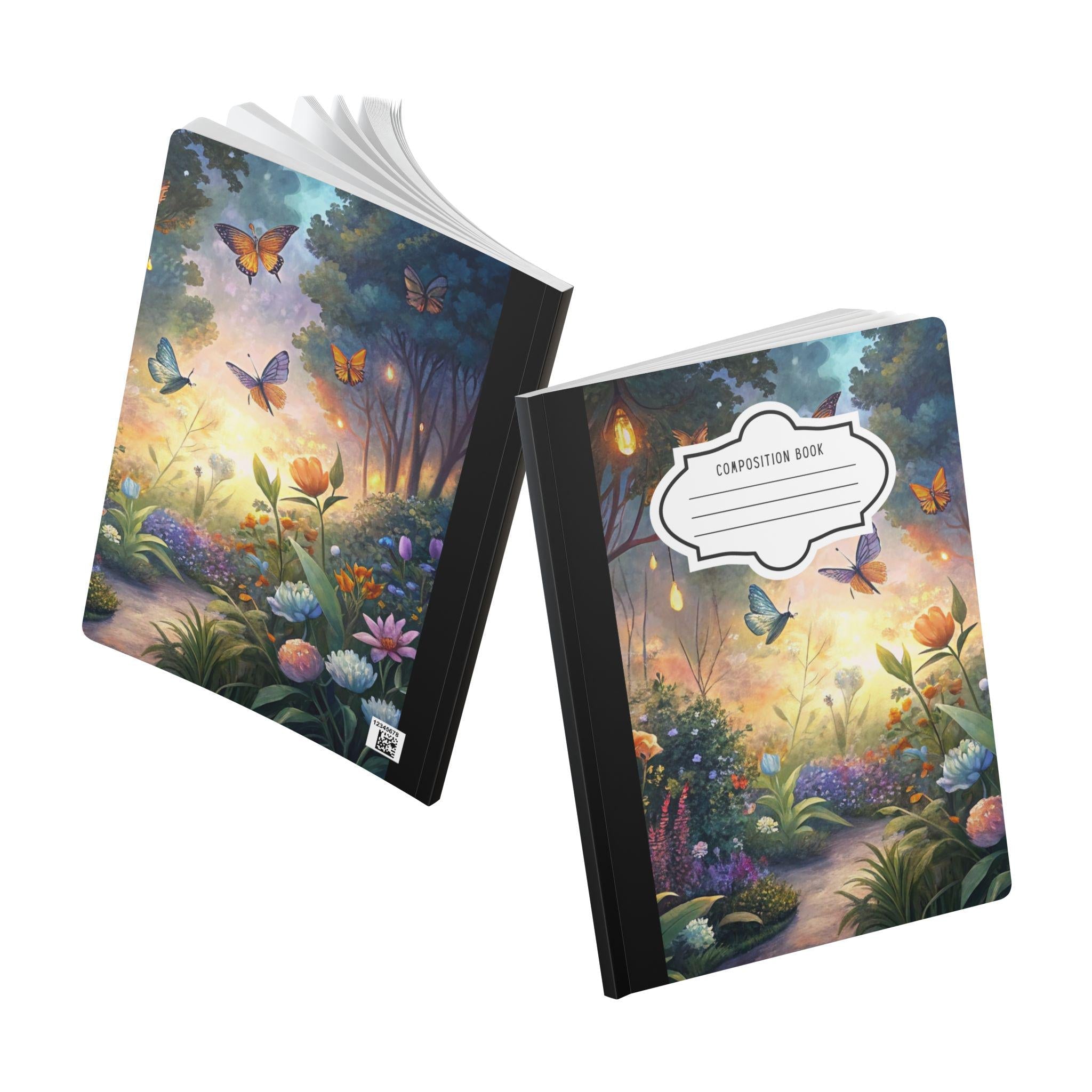 Enchanted butterfly composition notebook with a vibrant floral and magical garden patterned soft touch cover — view 5