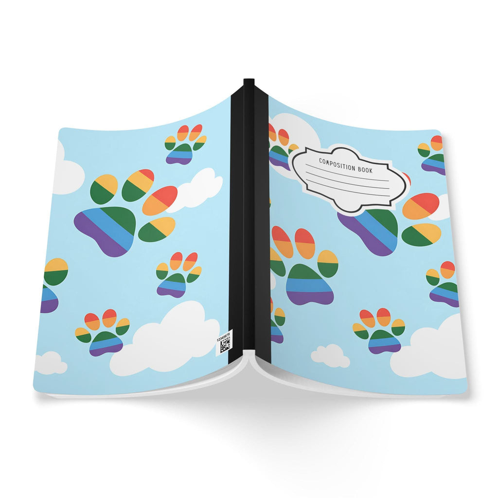 Rainbow paw print composition notebook with soft touch cover and vibrant cloud art pattern — view 2