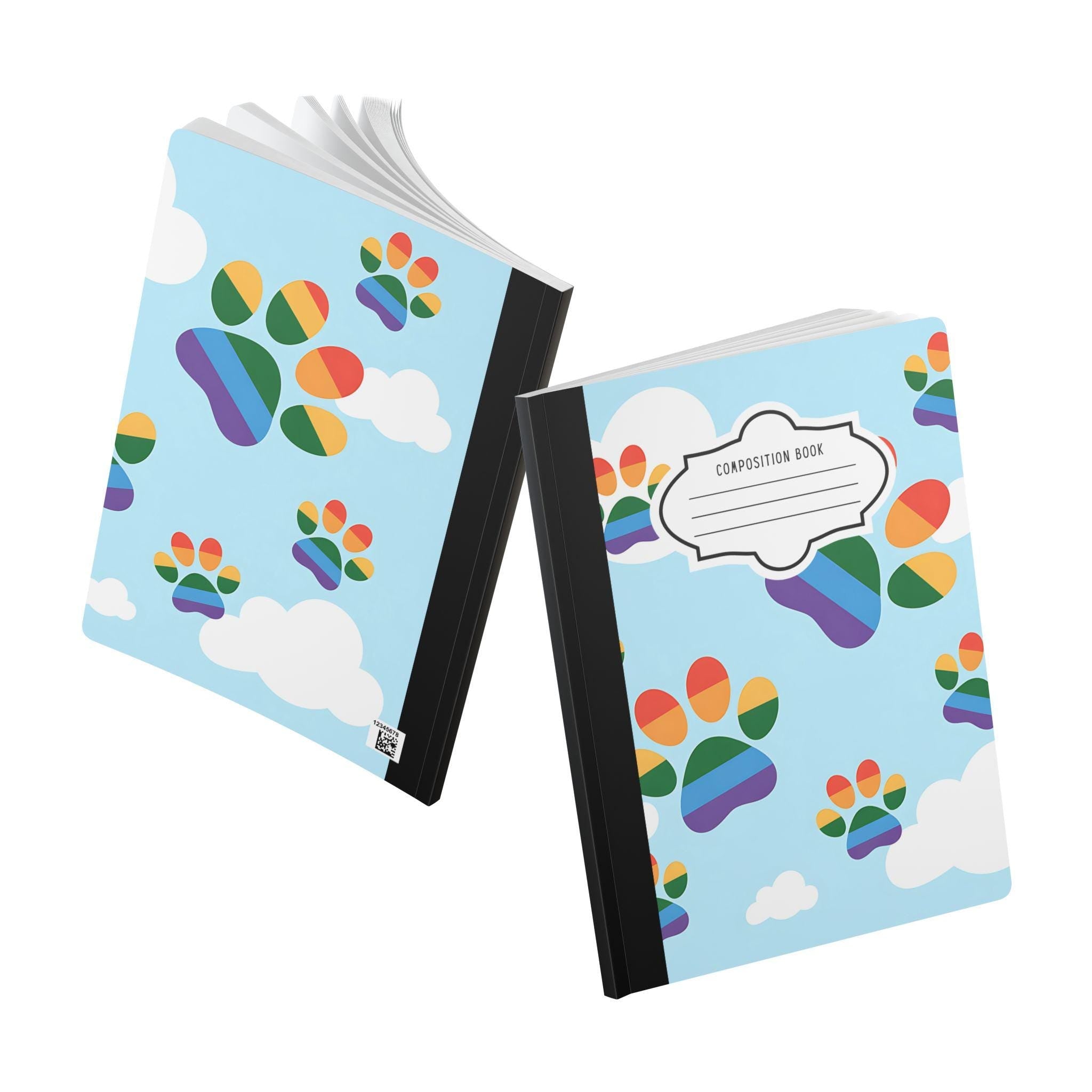 Rainbow paw print composition notebook with soft touch cover and vibrant cloud art pattern — view 5