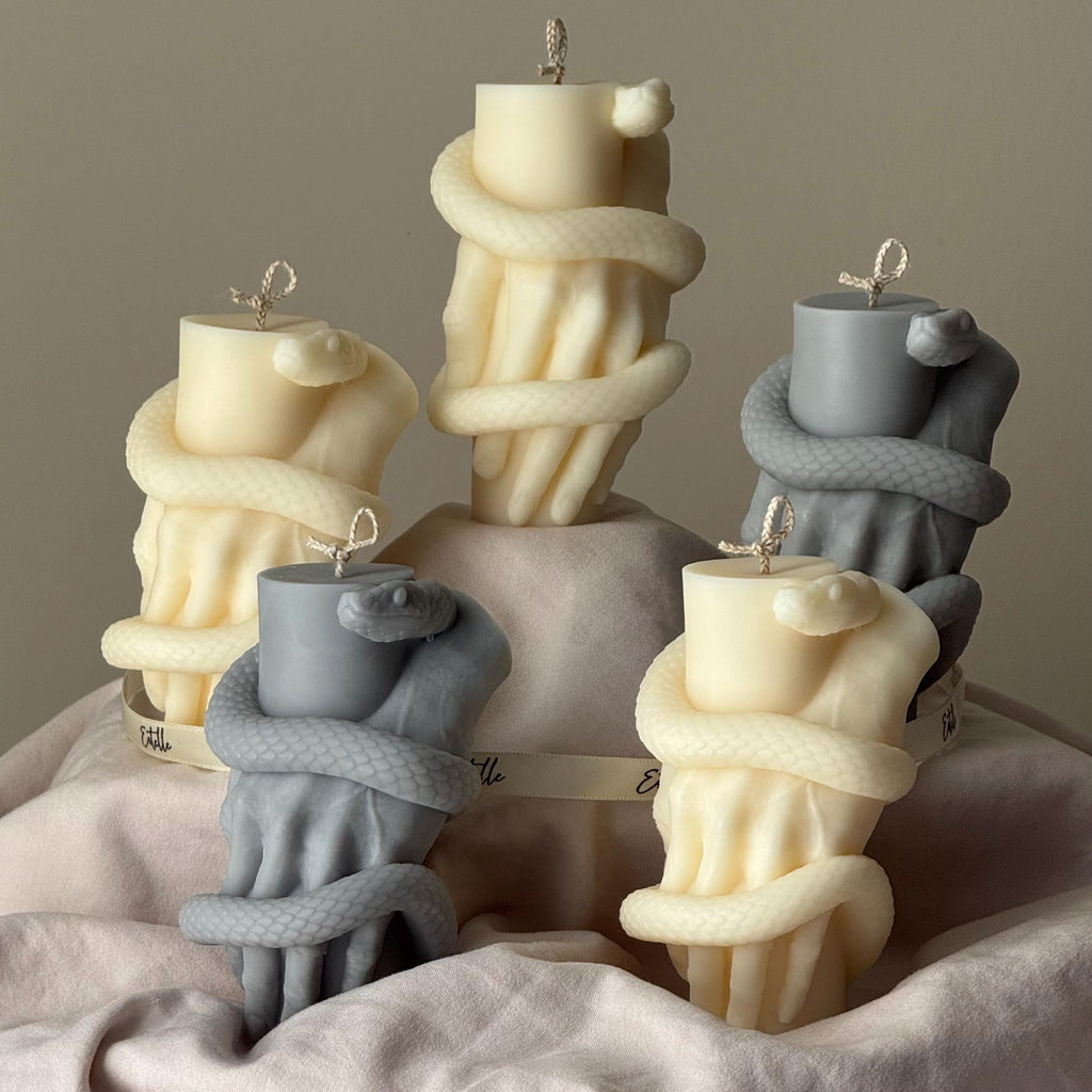 Hand-poured snake pillar candle made of soy wax featuring a mystical gothic serpent design — view 3