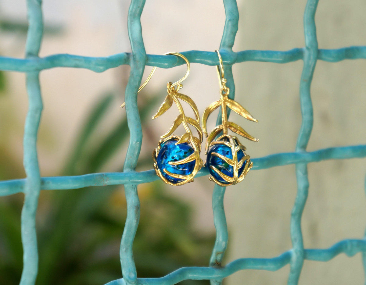 Nature-Inspired Earrings, Araucaria Leaf with Murano Glass Gold-Plated Recycled Brass-1