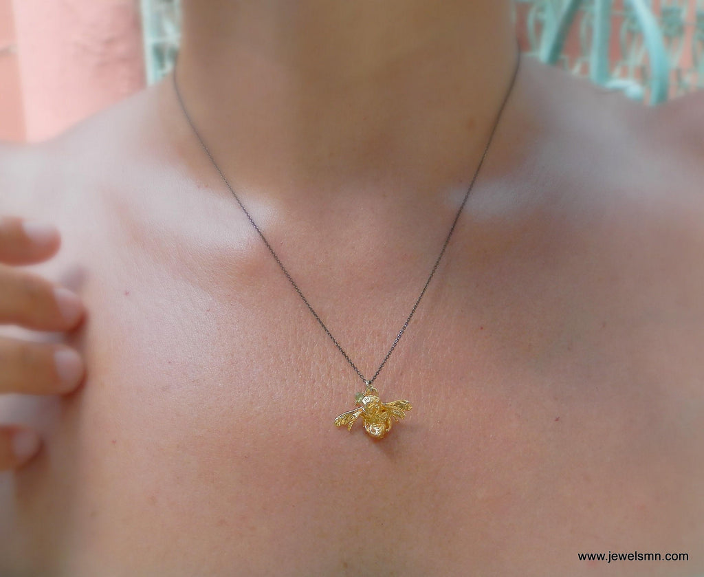 Nature inspired 14k gold plated bee pendant necklace crafted from recycled brass on a delicate chain — view 3