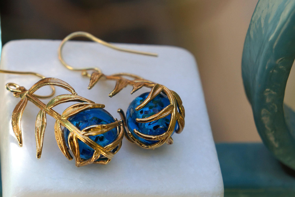 Nature-Inspired Earrings, Araucaria Leaf with Murano Glass Gold-Plated Recycled Brass-3